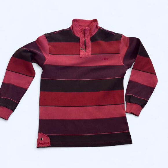 Jeep Quarter Zip Pullover Mens M Red Striped Sweatshirt Fleece Logo Casual Cozy